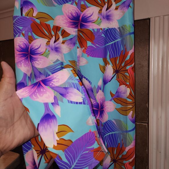 FUSED HAWAII SzM Pink Blue Floral Tropical Paradise Beach Hibiscus Yoga Leggings - Picture 4 of 6